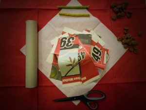 Man nehme: 1Stk. Küchenrolle, 25g Leckerlies, 20 Schnipsel Zeitungspapier, ...