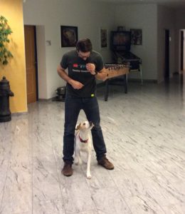 Turbo wird mit einem Leckerli in der Hand zwischen die Beine gelockt.
